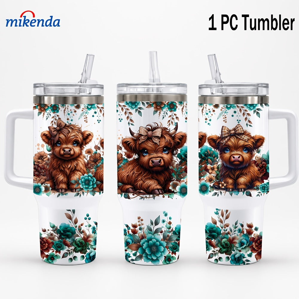 Insulated Tumbler 16oz or 40oz-2 Highland Cow Floral Graphic in 304 Stainless Steel Vacuum Design