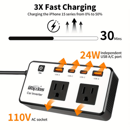 Car Inverter 200W DC 12V to AC 110V with Dual AC Outlets 24W USB-C Fast Charging 4 USB Ports Portable Laptop Phone Charger Adapter for Car Truck RV Travel
