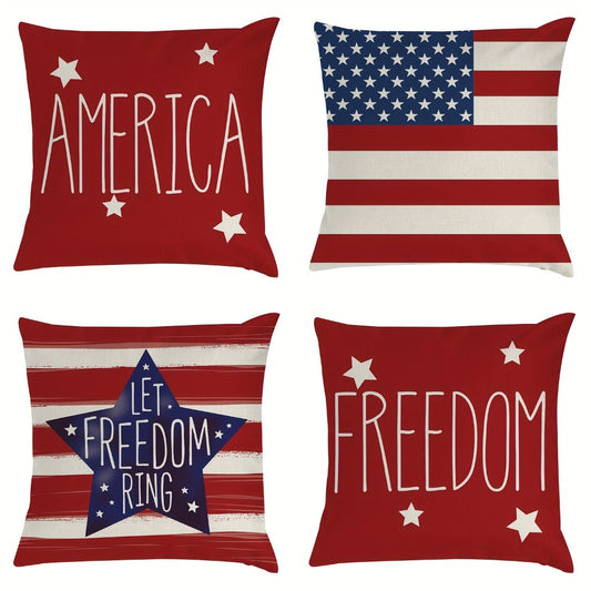 Patriotic Pillowcase Set 4pcs – Stars & Stripes Polyester Pillow Covers, Zipper Closure, Machine Washable, Red White Blue July 4th Independence Day Home Decor