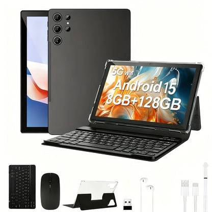 2-in-1 Tablet Android 15, 10.1 Inch Tablet with Keyboard Case Stylus, 8GB RAM 128GB ROM, 8000mAh Battery