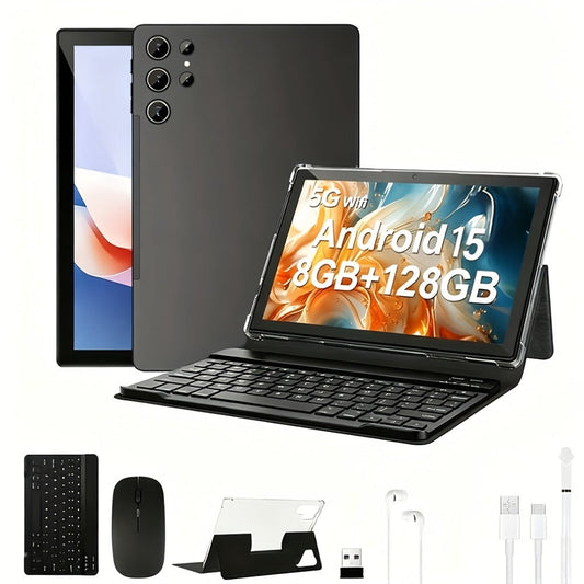 2-in-1 Tablet Android 15, 10.1 Inch Tablet with Keyboard Case Stylus, 8GB RAM 128GB ROM, 8000mAh Battery, 5G WiFi, 5MP+16MP Dual Camera, 1280x800 FHD IPS, Tablet PC for Adults Kids