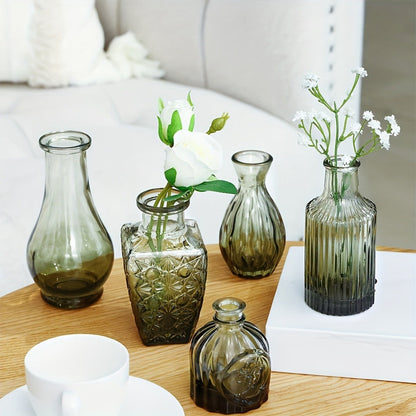 Gradient Green Mini Glass Bud Vases, 14-Piece Mixed Relief Bottle Set for Tables, Weddings and Shelf Decor