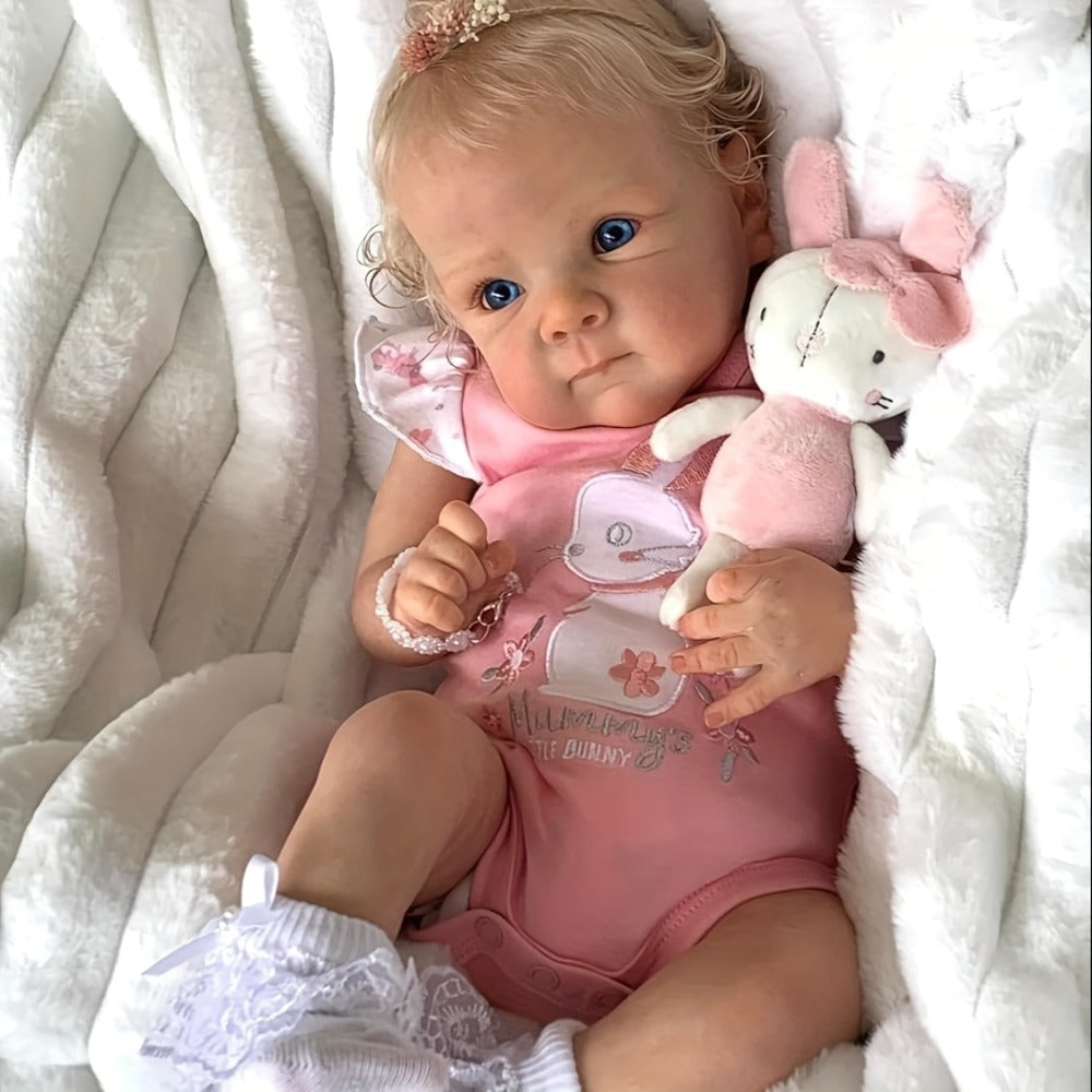 Reborn Doll, 22-Inch Full-Vinyl Open-Eye Figure with Hand-Rooted Hair and Pink Clothing Set
