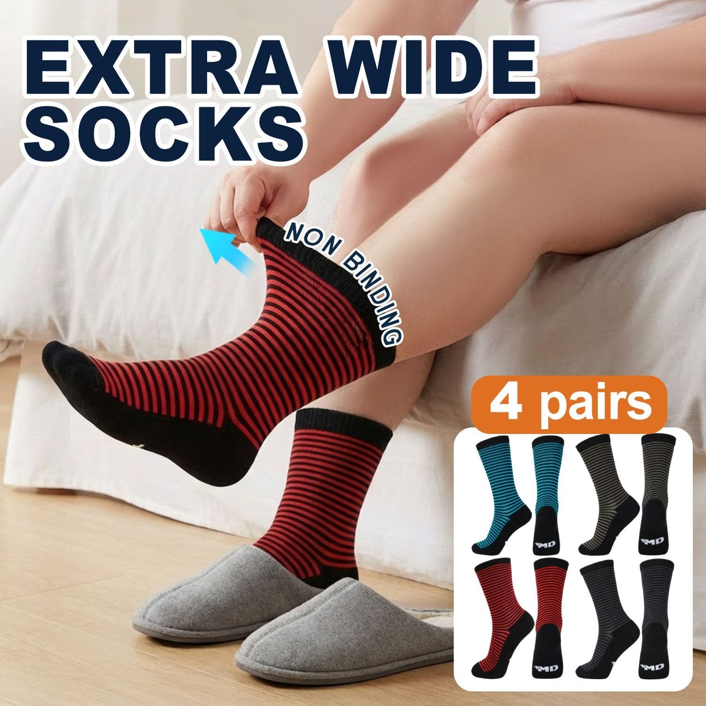 Four-Pair Extra-Wide Crew Sock Set in Mixed Colors with Non-Binding Cuffs and L or XL Size Options