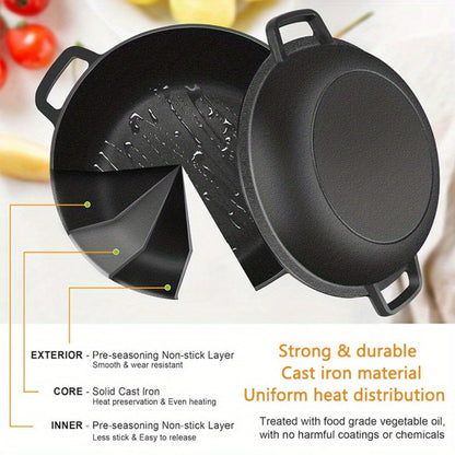 6-Piece Cast Iron Dutch Oven Set with 6.1QT Pot, 1.9QT Skillet Lid, Handle Covers, Support Frame and Scraper