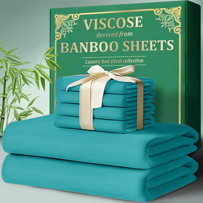 Bed Sheet Set 4-Piece Bamboo-Derived Cooling Fabric with Deep-Pocket Fitted Sheet and Four Bed Sizes
