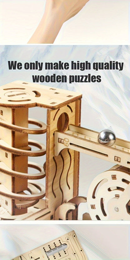 Wooden Marble Track Model Kit with Dual-Linkage A or B Builds, Laser-Cut Panels, Gears and Ball Rails