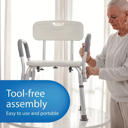 Shower Chair with Padded Armrests & Back - Heavy Duty Bath Seat 350 lb Capacity, Adjustable Height, Non-Slip Base, Lightweight Aluminum Frame for Elderly, Seniors & Disabled