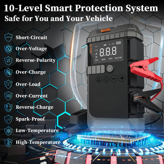 Jump Starter Power Bank 10000A 4-in-1 with 150 PSI Air Compressor LED Emergency Light USB Charging for Gas Diesel 12V Car Battery Emergency Starter Kit