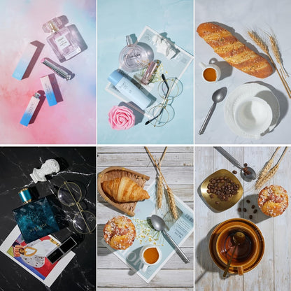 Product Photography Backdrop Paper 6pcs Reversible 12 Designs 16x11.5 Inch Background Sheets for Food Jewelry Cosmetic Flatlay Social Media Content Creation