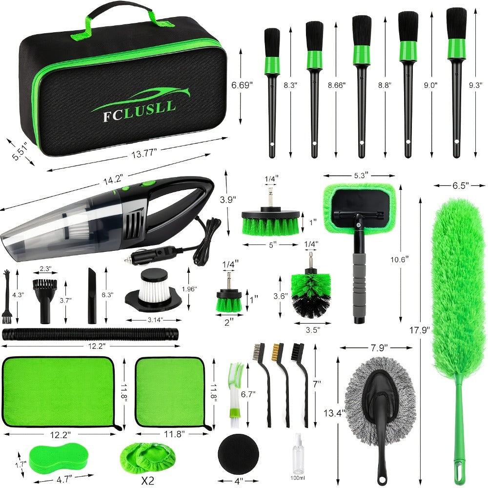 Car Cleaning Kit with Portable Vacuum Cleaner – 17/24/29/32/35pcs Interior Detailing Set with Windshield Cleaner, Drill Brush Set & Interior Brush Set – Complete Auto Care Kit