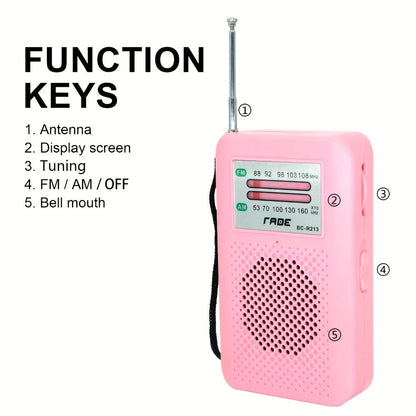 Pocket AM/FM Radio with Manual Tuner, Telescopic Antenna, Wrist Strap and Pink or Black Case