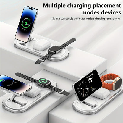 Samsung & iPhone 3-in-1 Wireless Charging Station Foldable 15W Fast Charger for iPhone 17/16/15/14/13/12, Apple Watch Ultra 2/Series 10/9/SE, AirPods Pro 4/3/2 & Samsung Galaxy S25/S24/S23 – 4 Colors Black Gold Silver Blue