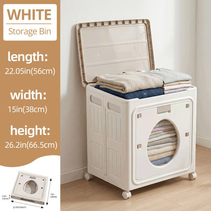 37-Gallon Foldable Storage Box with Rolling Casters, Top Access and Round Front Window in White or Red