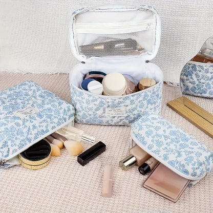 Three-Piece Floral Makeup Bag Set with Carry Handle, Gold-Color Zippers and Four Image-Bound Pattern Options