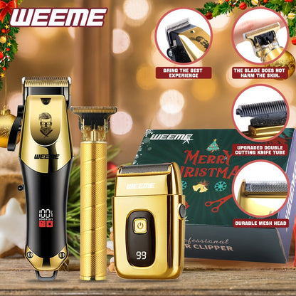 Professional Hair Clipper Set for Men – 3pcs Golden Cordless Kit with Beard Trimmer & T-Blade Trimmer, Hair Cutting & Styling Tools, Ideal Birthday & Father’s Day Gift for Men