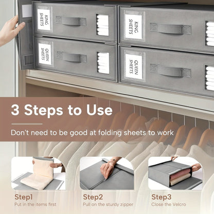 Bed Sheet Storage Organizer Boxes 4-Pack Foldable Fabric Bins with Clear Window & Label, Closet Bedding Storage Box for Sheets Duvet Covers Blankets Pillowcases, Oxford or Non-Woven, Grey Beige