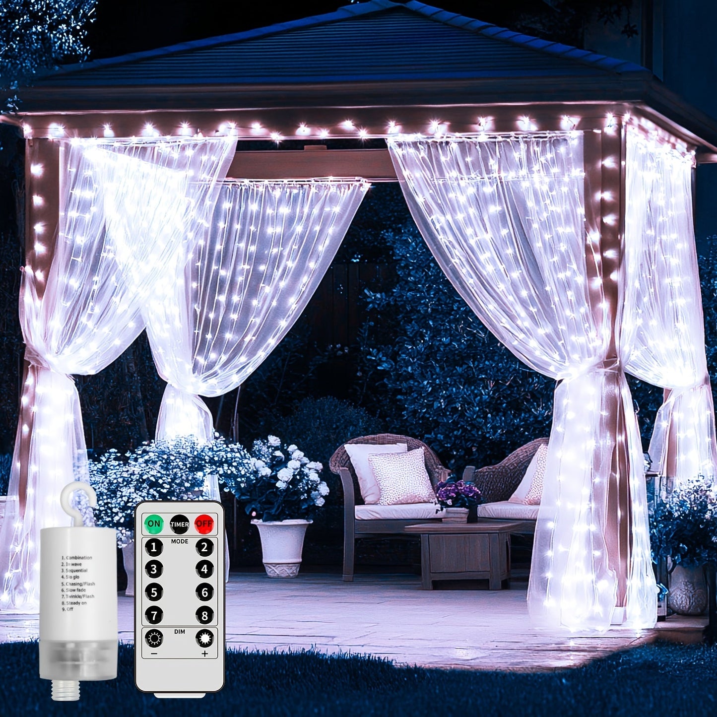 String Lights, 330-LED Waterfall Curtain Panel with Battery Power, Remote, Eight Modes and Three Colors