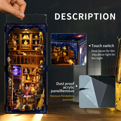 Magic House Book Nook Kit with 388-Piece Library and Potion-Room Scene, Touch Light and Clear Front Panel