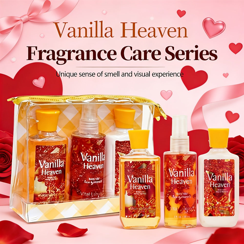 Three-Piece Vanilla Heaven Bath Set with 3 oz Shower Gel, Body Lotion, Body Mist and Clear Pouch