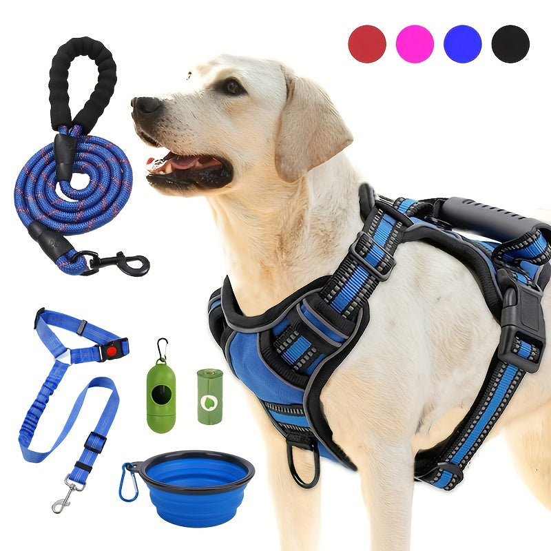Walking Dog Harness and 5-Foot Leash Set in Five Colors and XS–XL with Front Clip, Top Clip and Handle