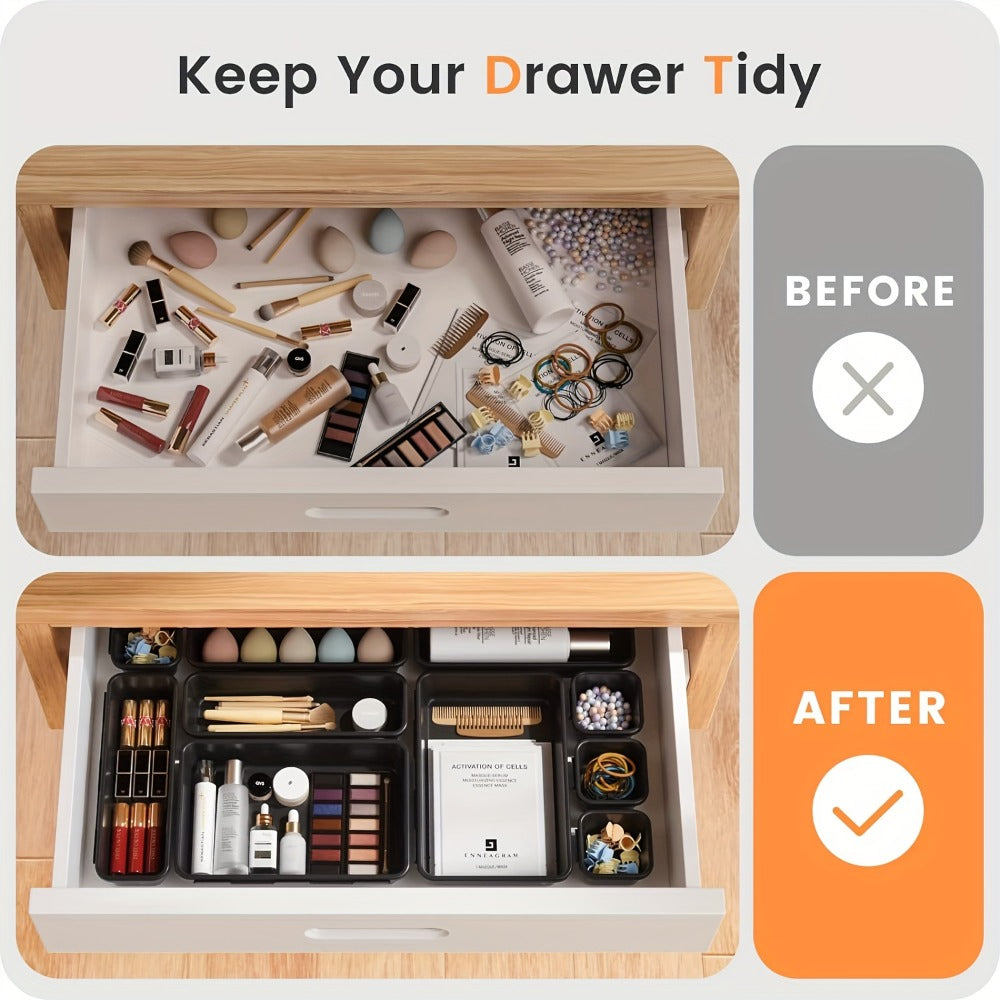 Twenty-Four-Piece Modular Drawer Organizer Tray Set in Black or Pink with Multiple Bin Sizes