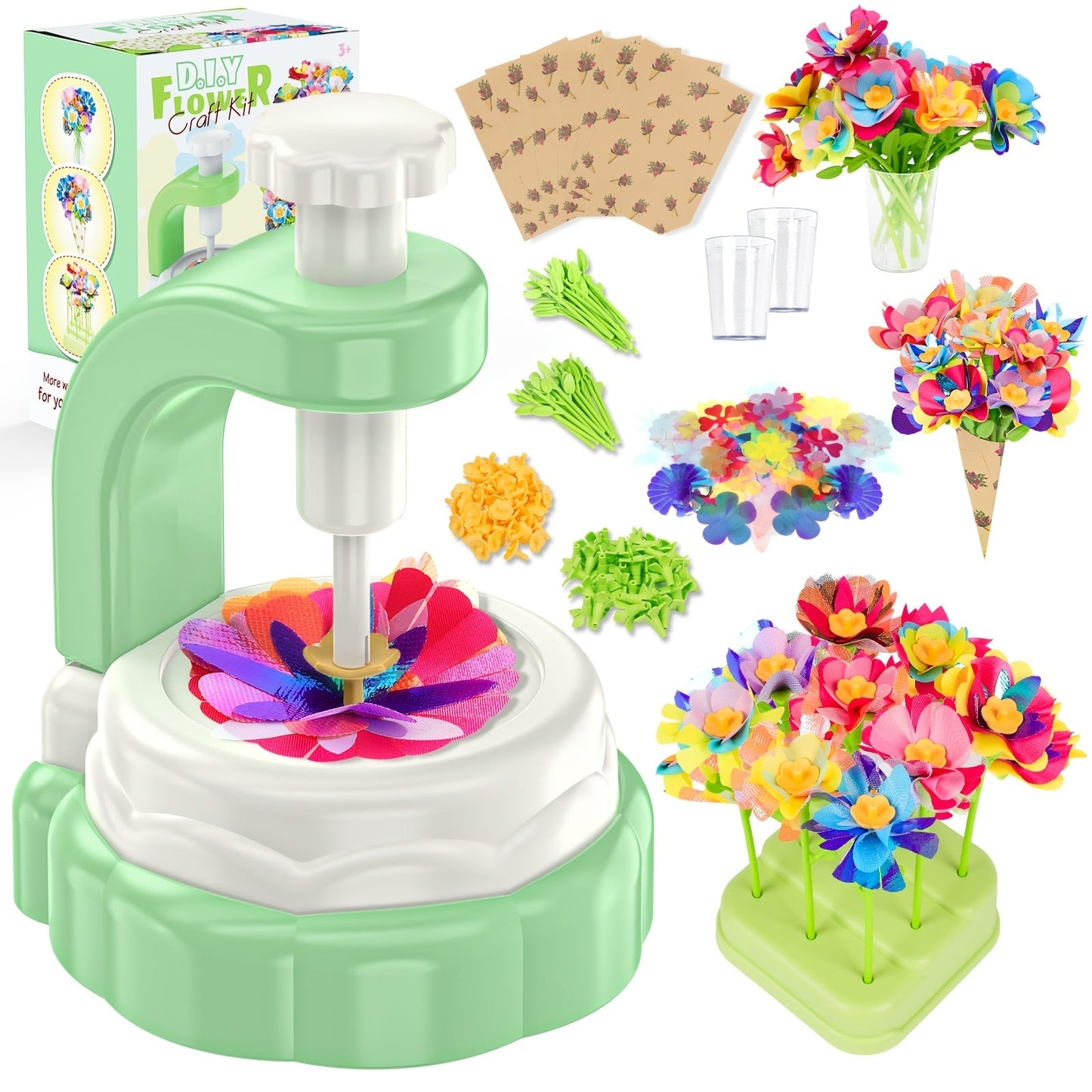 Flower Bouquet Maker Craft Kit with Hand-Operated Tool, Fabric Petals, Stems, Centers and Display Bases