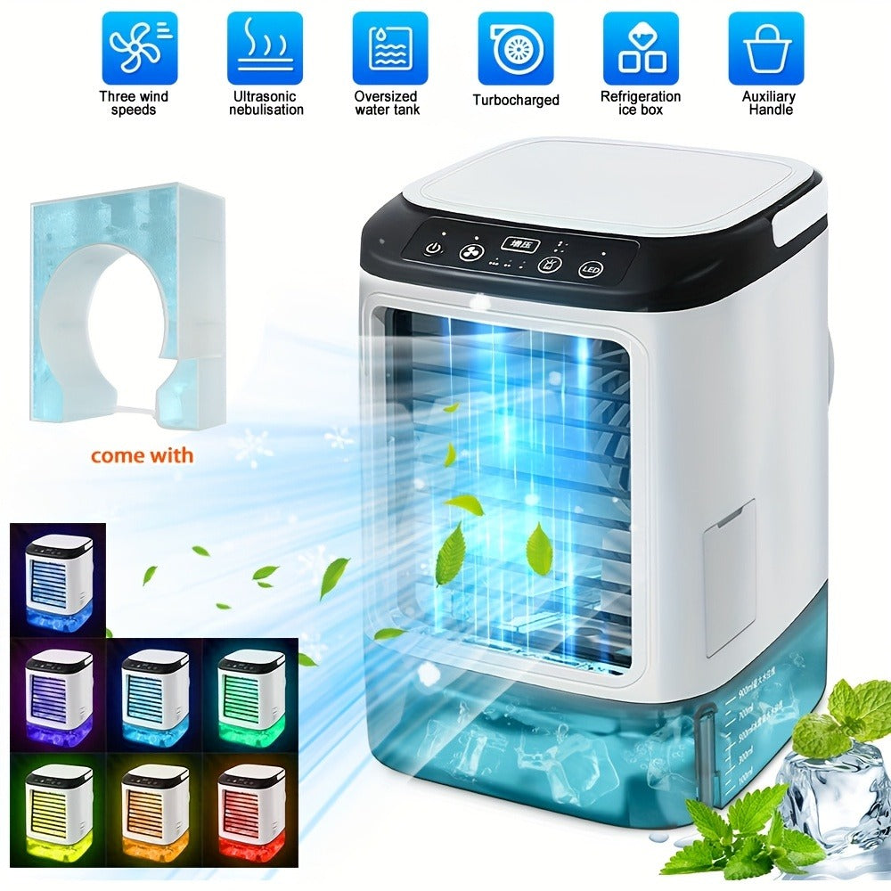 Portable Air Cooler Fan USB Humidifier with Rainbow Ambient Light, 3-Speed Atomization Misting Fan with Large Ice Box and Low Noise, Personal Desktop Cooling Fan Gift for Home, Office and Bedroom
