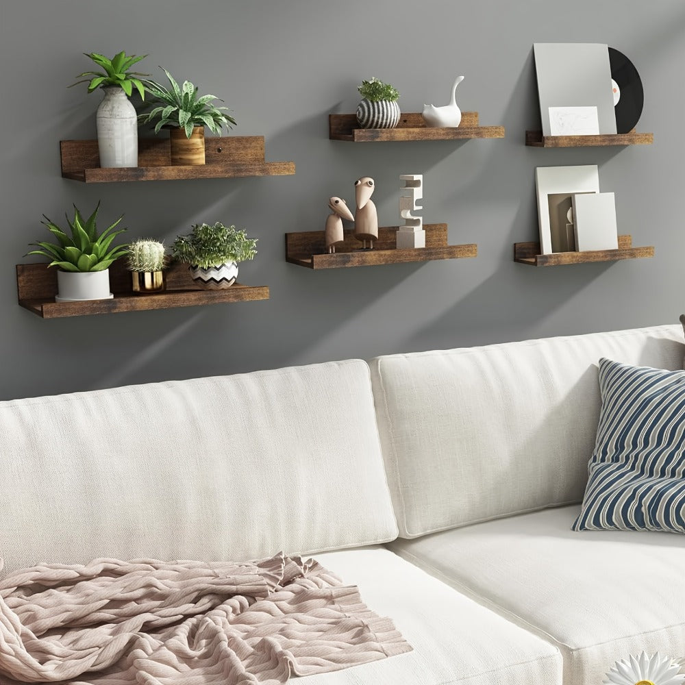 Six-Piece Wall Shelf Set in Graduated Sizes with White, Brown or Black Finish for Layered Displays