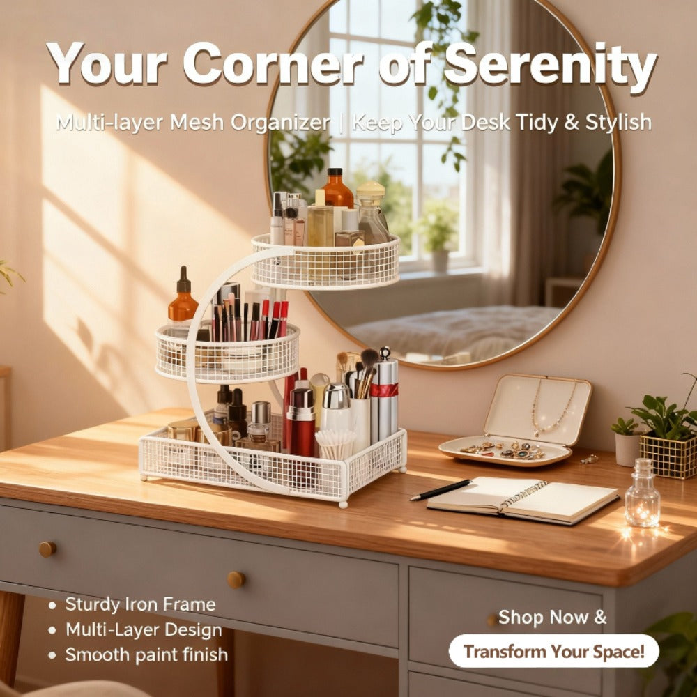 Three-Tier Metal Makeup Organizer with Round Baskets, Tissue Holder and White Iron Frame Design
