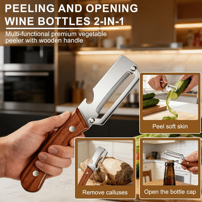 Two-Piece Zhoshuai Vegetable Peeler Set with Wood Handles, Scallion Comb and Bottle-Opening Cutout