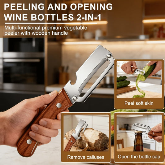 Stainless Steel Vegetable Peeler Set 2pcs – Multi-functional Kitchen Peeler with Scallion Cutter, Straight Blade, Wooden Handle & Bottle Opener