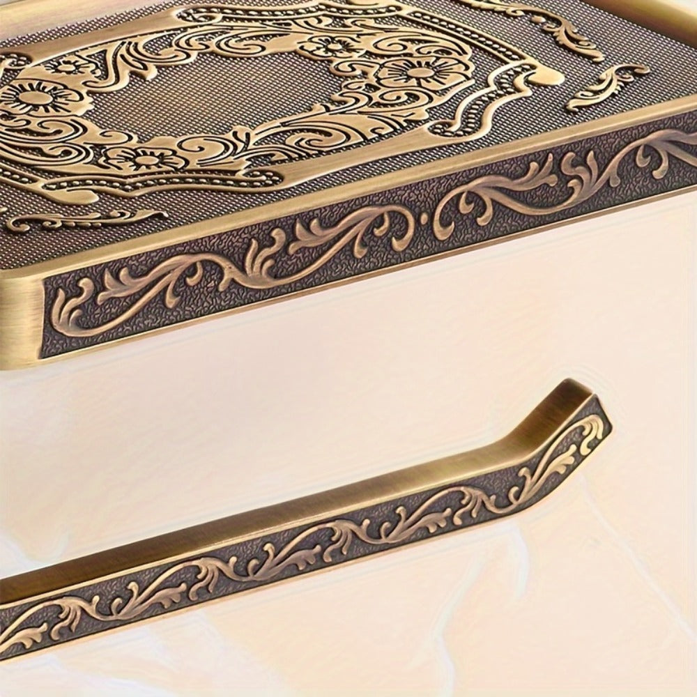 Golden Wall-Mounted Toilet Paper Holder with Embossed Vintage-Style Shelf, Roll Bar and Side Hook