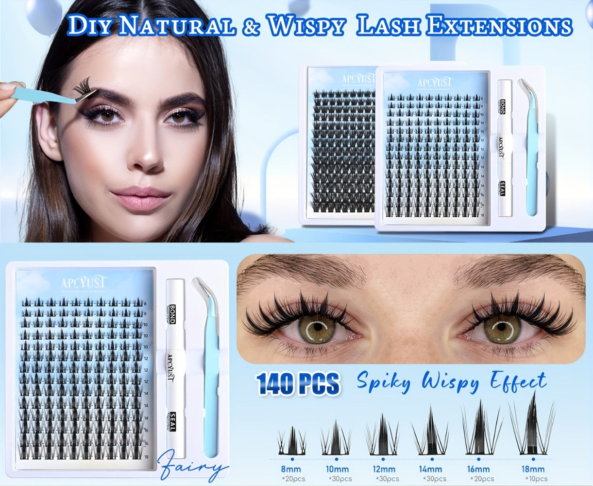 C-Curl Spike Lash Extension Kit with 140 Clusters in Mixed 8-18mm Lengths, Adhesive Tube and Curved Applicator