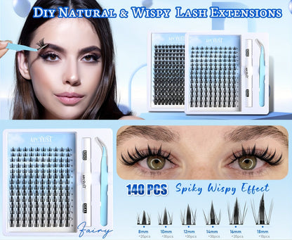 C-Curl Spike Lash Extension Kit with 140 Clusters in Mixed 8-18mm Lengths, Adhesive Tube and Curved Applicator