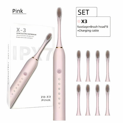 Rechargeable Electric Toothbrush 6 Cleaning Modes with 8 Brush Heads - USB Charge, Soft Bristles, Portable for Travel & Home Use, Oral Care Toothbrush for Men & Women - Black / White / Pink