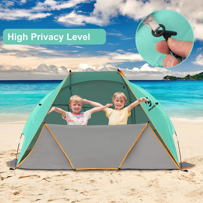 Three-Window Beach Sun Shelter with Extended Floor, 12 Stakes and Green or Blue Options Pictured