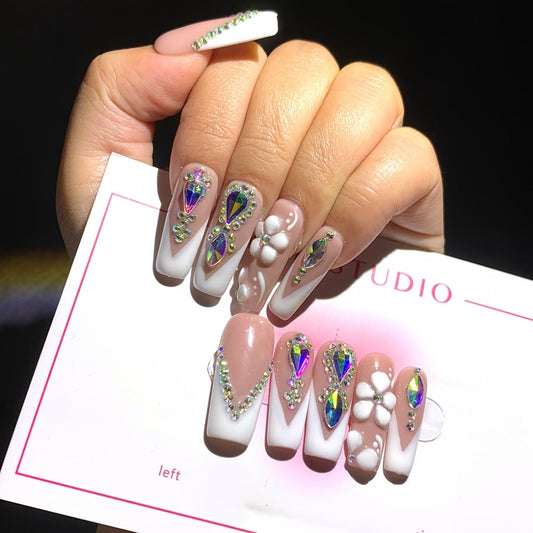 Press On Nails 10-Piece Square French-Tip Set with Nude White Gloss, AB Rhinestones and Floral Design