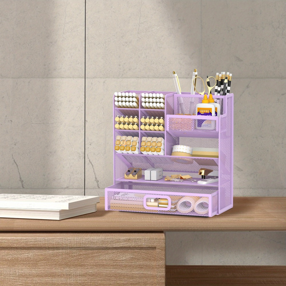 Mesh Desk Organizer with Pull-Out Drawer, Tiered Compartments and Six Color Checkout Options