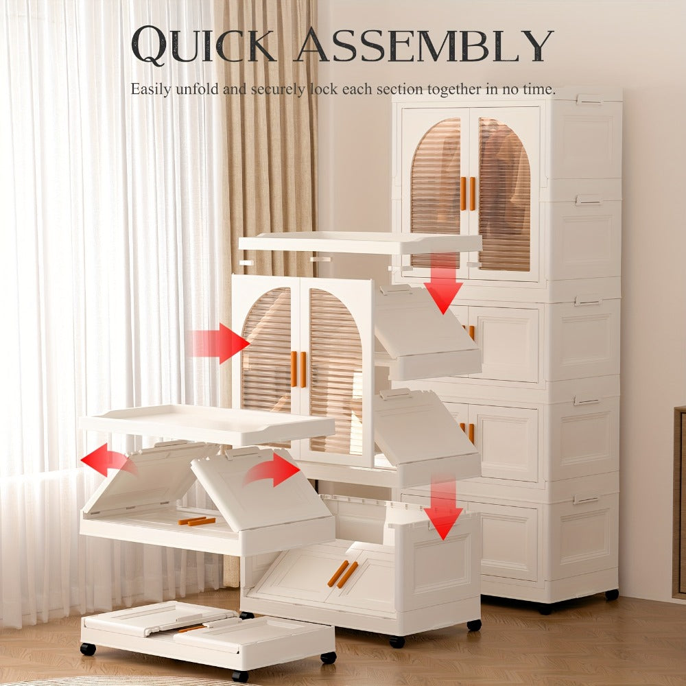 Portable Folding Wardrobe Cabinet with Caster Wheels, Hanging Section and Two Exact Layer Options