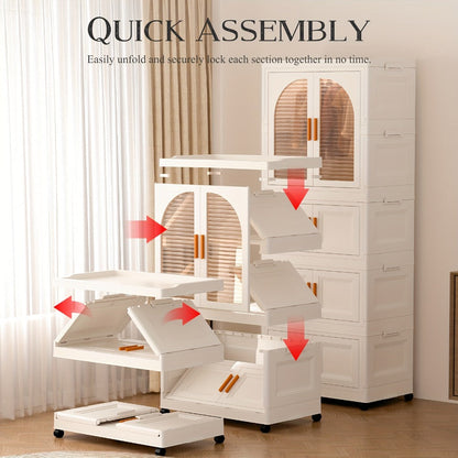 Portable Folding Wardrobe Cabinet with Caster Wheels, Hanging Section and Two Exact Layer Options