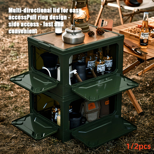 Outdoor Folding Table ABS 5-Door Storage Compartments Wooden Lid Portable Camping Table for Party, Travel, Picnic & Backyard Use
