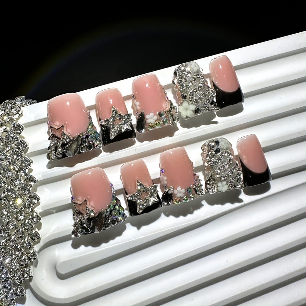Press On Nails 10-Piece Short Duckbill Set with Black French Tips, Snake, Stars and Self-Adhesive Gel Tabs
