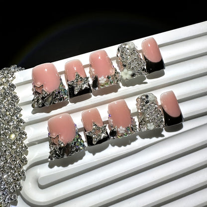 Press On Nails 10-Piece Short Duckbill Set with Black French Tips, Snake, Stars and Self-Adhesive Gel Tabs