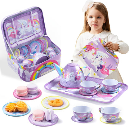 Purple Unicorn Tin Tea Set in Carry Case with Teapot, Four Cups, Four Saucers and Five Plates