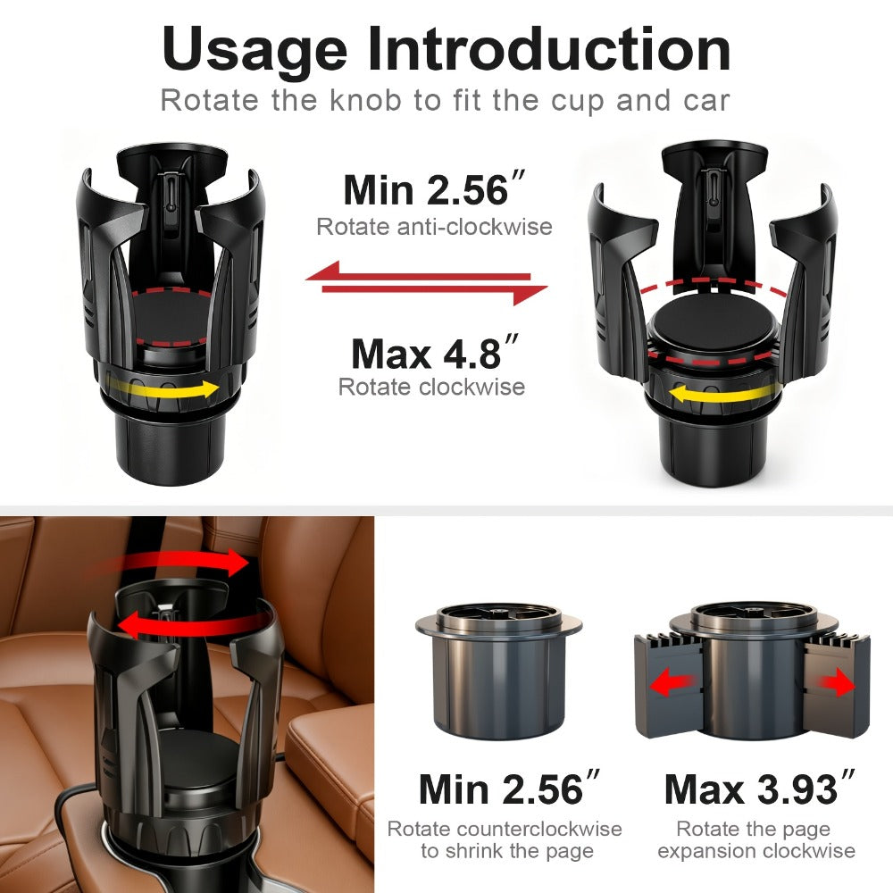 Adjustable Car Cup Holder Expander for 2.56-4.8 Inch Drinkware with 2.56-3.93 Inch Expanding Base in Black