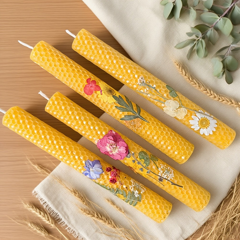 Floral Cone Candle Holders Set of 4 – 10-Inch Decorative Beeswax Taper Candles for Holiday Parties, Valentine's Day & Mother's Day Gifting