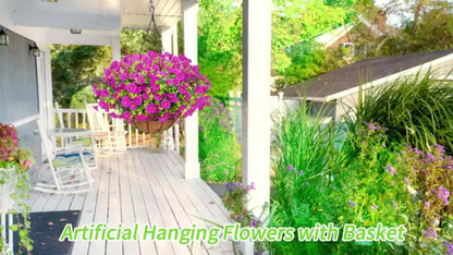 Artificial Flowers Hanging Petunia Arrangement with Included Planter Container and Six Color Options