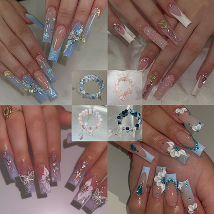 Long Ballerina Press On Nails 96 Pieces 4 Packs + 4 Bracelets Gift Set – Blue Gradient 3D Flower Butterfly Rhinestone Glossy Full Cover False Nails & Beaded Bangles for Women Girls | Prom Wedding Party