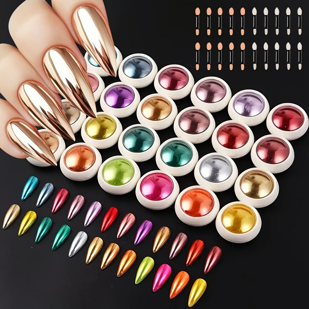 Chrome Nail Powder 24 Colors Set Holographic Mirror Effect Metallic Reflective Glitter Pigment for Gel Acrylic Nails DIY Manicure Art Decoration Non-Discoloring